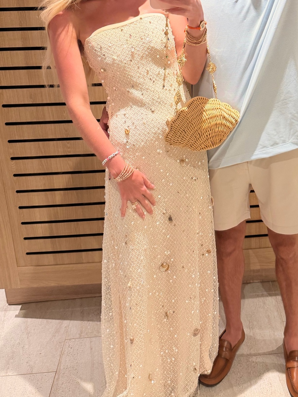 Peppermayo Strapless Sequin Maxi Dress in Ivory with Rose Accents